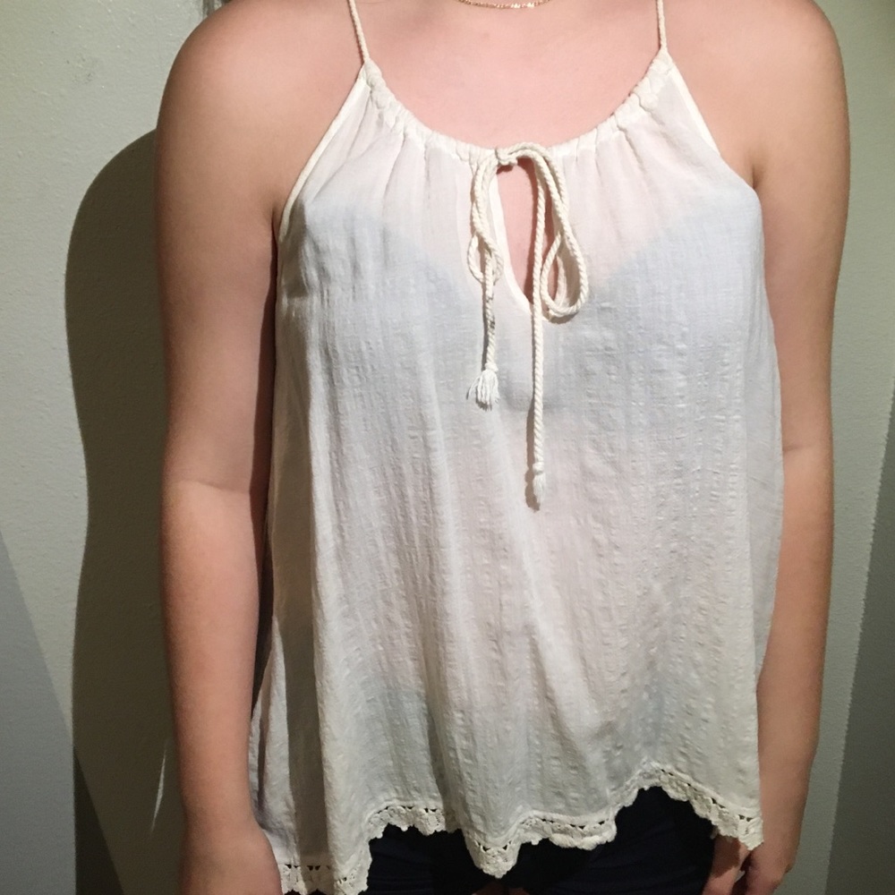 Cotton On White Flowy Blouse W/ Tied Keyhole